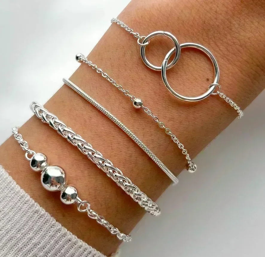 5 teile/satz Mode Silber Farbe Herz Perlen Kette Armbänder für Frauen trend ige geometrische Armbänder Set Party Schmuck Accessoires