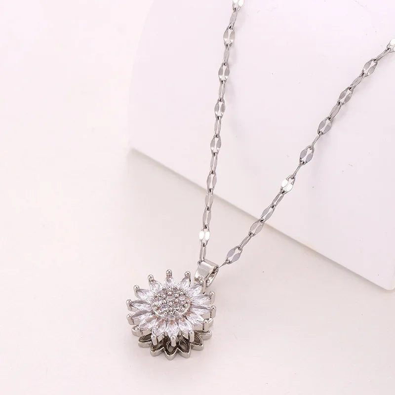Trend ige Rotation Spin Sonnenblume Edelstahl Zirkon Halsketten für Frauen Metall Kristall Halskette Party Geburtstags geschenke Schmuck