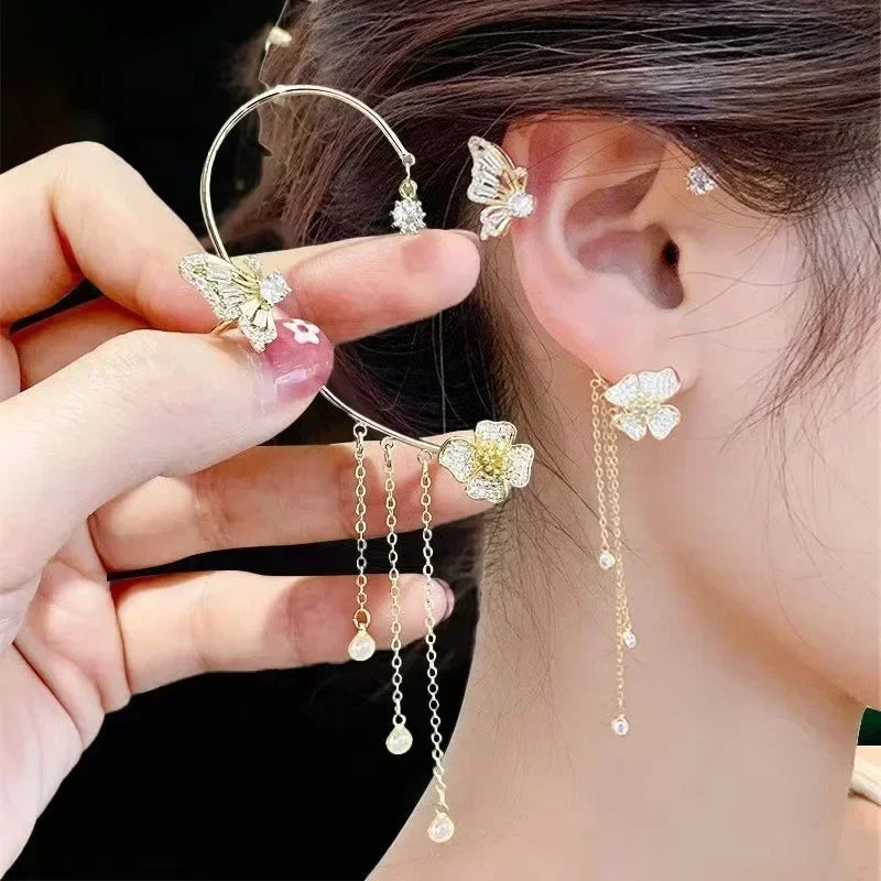 Glänzende Zirkon Schmetterling Ohr Manschette Gold Farbe Quaste Clip auf Ohrringe für Frauen Kupfer Ohrring Ohne Piercing Schmuck Ohr Schleife