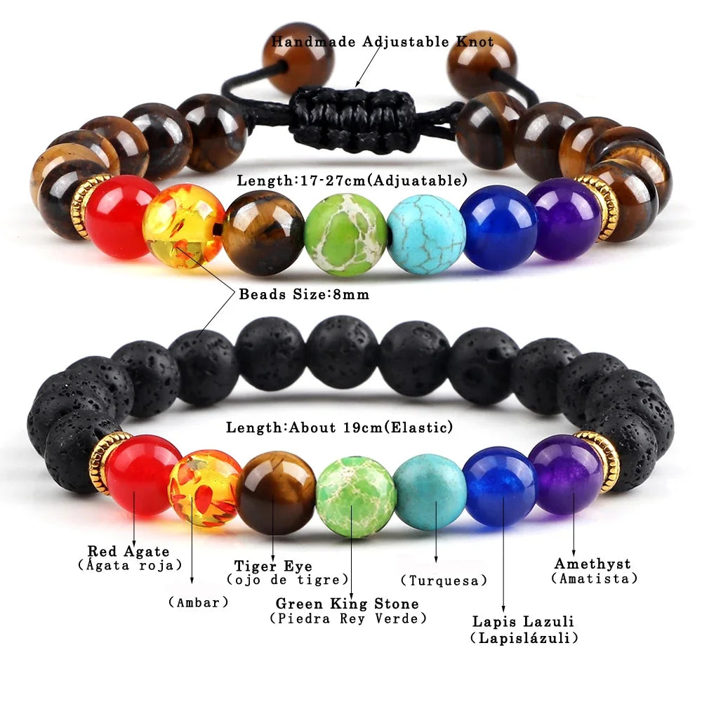 2 Stücke Naturstein 7 Chakra Heilung Perlen Einstellbare Geflochtene Armbänder Männer 8mm Lava Stretch-armband Frauen Reiki Buddha Schmuck