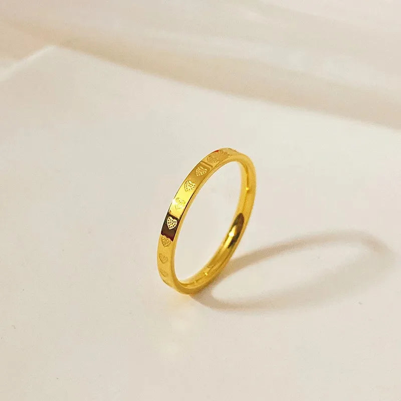 Goldene Edelstahl 2mm Liebe Herz Muster Ringe Damen Größe 5/6/7/8/9/10 # Dünner Fingerring, Ehering, Verlobungsschmuck
