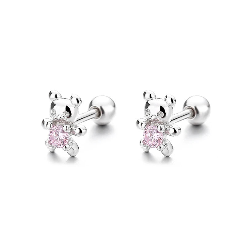 WANTME Ohrstecker aus 925er-Sterlingsilber, süßer süßer Bär, für Damen, modische Schrauben, Perlen, Ohrknochen, Schmuckzubehör
