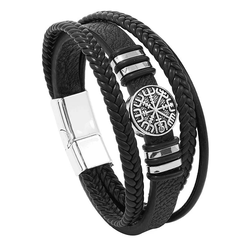 Mehrschichtiges, von Wikinger inspiriertes Lederarmband für Herren. Trendiges, schwarz/rotes, modisches geflochtenes Armband für soziale Anlässe