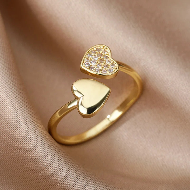 Glatte Doppel Herz Ringe Für Frauen Edelstahl Zirkon Herz Liebe Ring Einstellbare Finger Ring Weihnachten Schmuck Hochzeit Geschenk