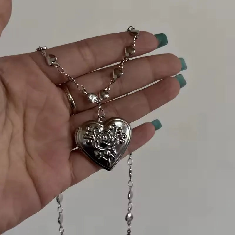 Silber Farbe Liebe Herz Foto Rahmen Anhänger Halskette Für Frauen ICH Liebe Dich Blumenmuster Herz Öffnende Medaillon Halskette Schmuck