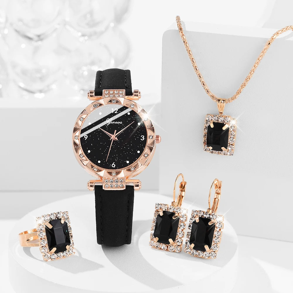Damenuhren 5-teiliges Set Luxus Strass Damenmode Elegante Armbanduhr Quarzuhr für Mädchen Armbanduhr Armband Geschenk