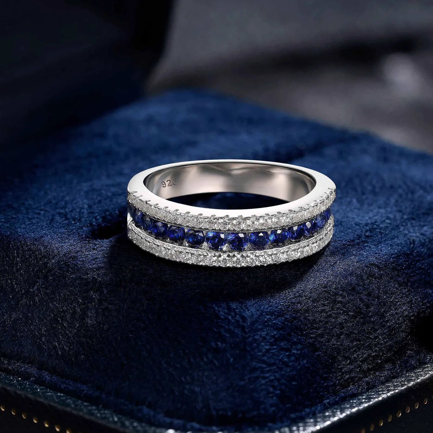 Newshe Saphirringe aus 925er-Sterlingsilber, weiß und blau, für Damen, halbe Ewigkeit, Ehering, kubischer Zirkon, Partyring