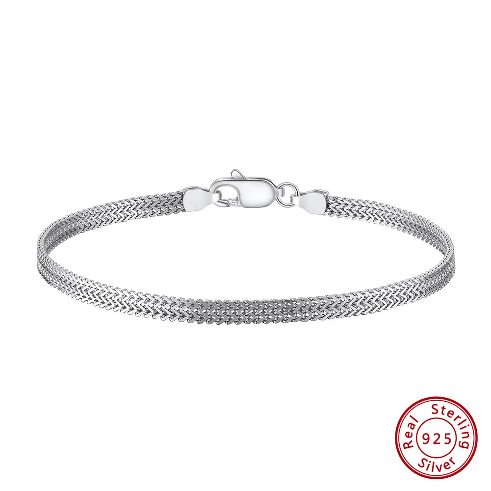 Rinntin Armbänder aus 925er-Sterlingsilber, 2,8 mm, flache Netzkette, hochwertige Armreifkette, einfache Damen- und Herren-Accessoires für den täglichen Gebrauch SB216