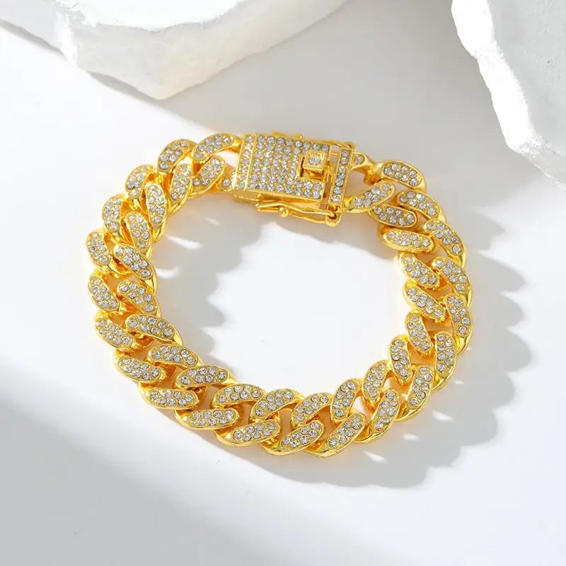 TrendMen Hiphop Rock Cuban Link Kette Armbänder Und Halsketten Für Männer Jungen Gold Farbe Metall Kristall Party Schmuck Geschenke Sets