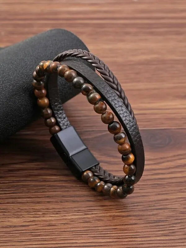 Mehrstufiger Vulkanstein oder Tigerauge-Stein plus dreilagiges Herrenarmband aus PU-Leder, Business-Freizeit-Geschenk für Männer