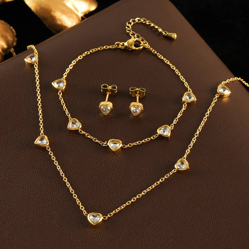 GANEMLY 316L Edelstahl Glänzende Herz Zirkon Halskette Armband Ohrringe Set Für Frauen Mode Luxus Wasserdicht Schmuck Set
