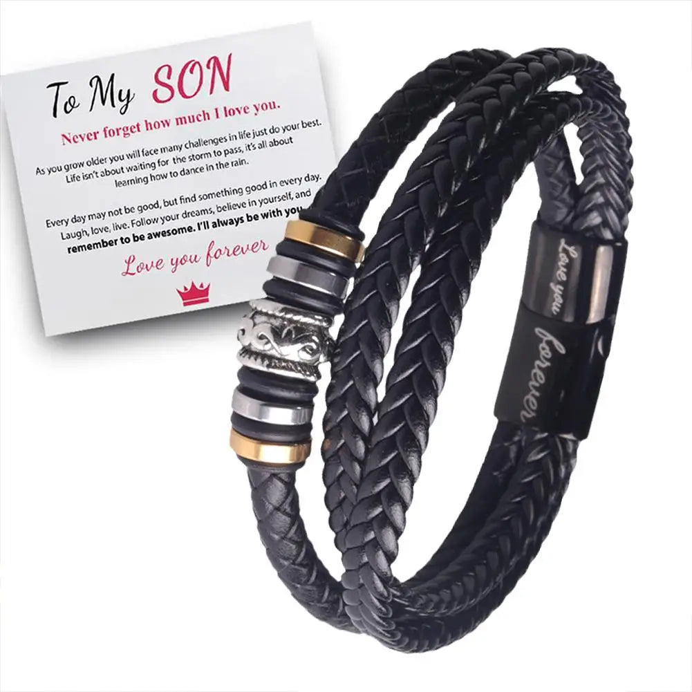 Zu meinem Sohn lieben Sie für immer Leder geflochtenes Armband mit Geschenk karte Männer Jungen mehr schicht ige gewebte Leder Seil Stahl Armband