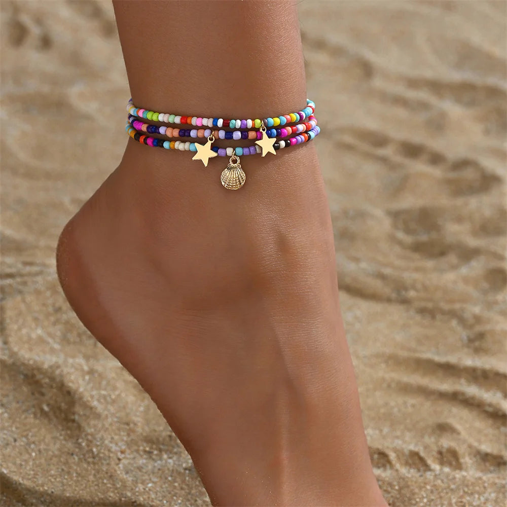3 teile/satz Regenbogen Perlen Nette Sterne Shell Fußkettchen Für Frauen Multilayer Fuß Ketten Ankle Armband Strand Schmuck Sommer Zubehör