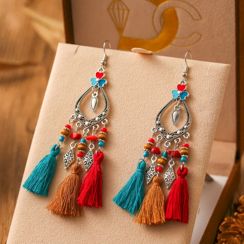Mode Böhmischen Herz Blume Emaille Geometrische Quaste Ohrringe Für Frauen Unregelmäßige Stein Perlen Handgemachte Boho Hochzeit Schmuck