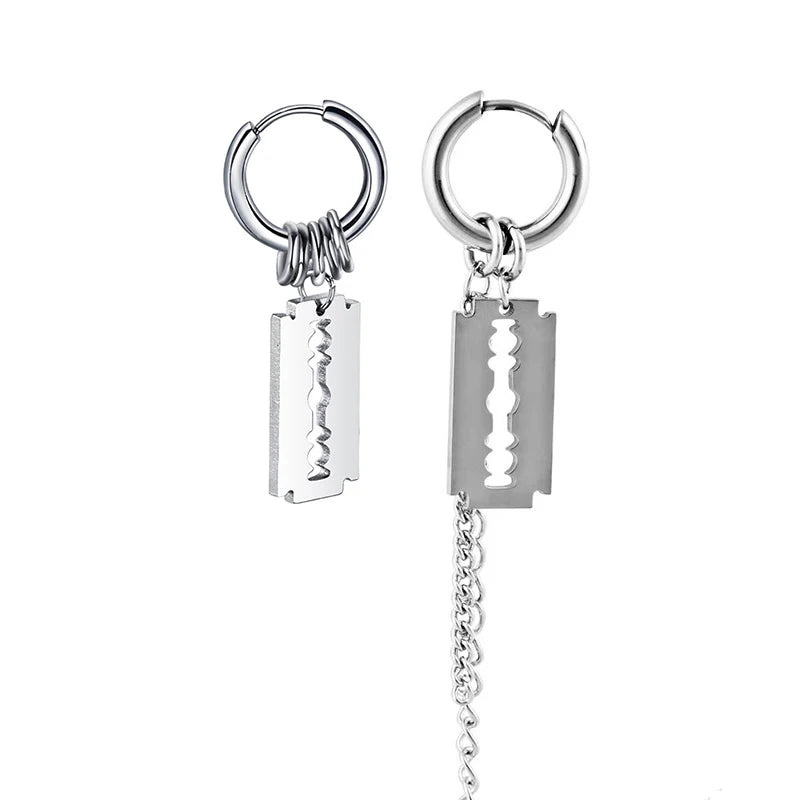 1 paar/2Pcs Klinge Kette Quaste Anhänger Ohr Clip/Schnalle Ohrringe Für Frauen Männer Edelstahl Schmerzlos hip Hop Gothic Pop Schmuck