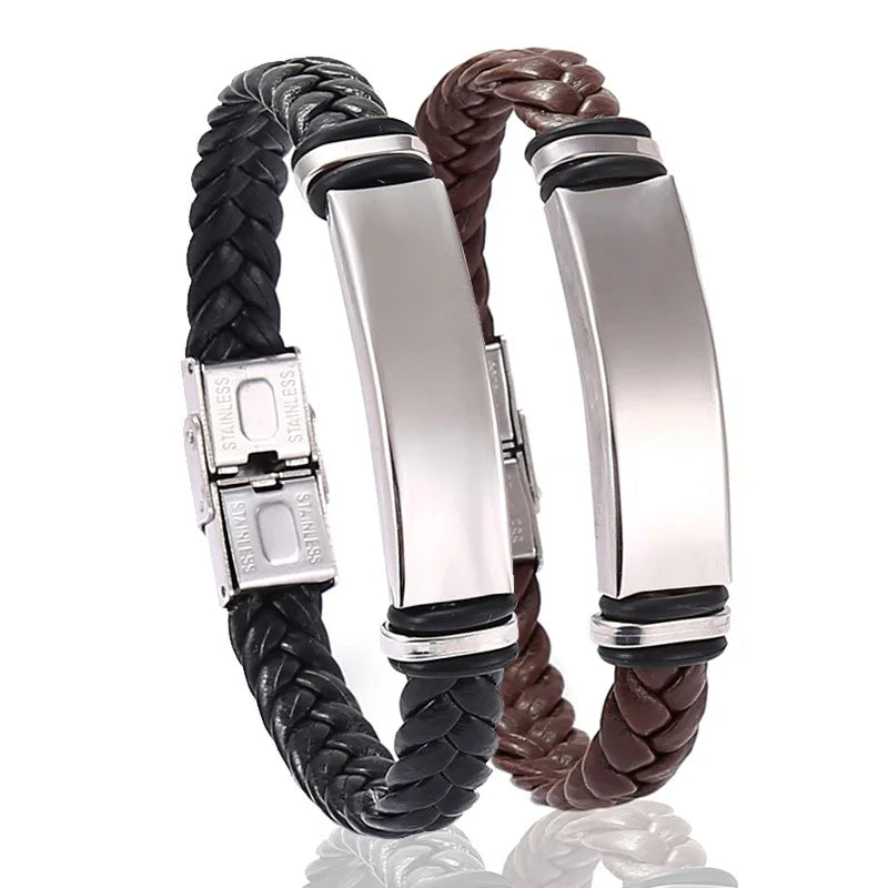 Edelstahlarmband, schlichtes, lässiges, gewebtes Lederarmband, Titan-Stahl, Lederarmband, Armband für Herren, Edelstahl