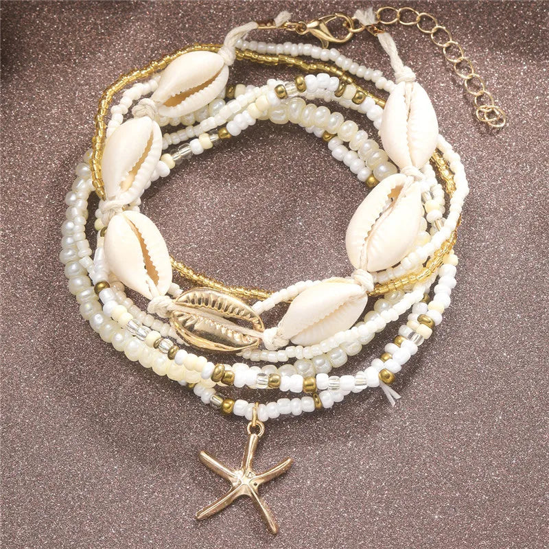 Fußkettchen-Set mit Seestern-Perlen, Perlenkette für Damen, Charm, Fußkettchen am Bein, handgefertigter Schmuck, Geschenke, Sommer, Strand, Mode