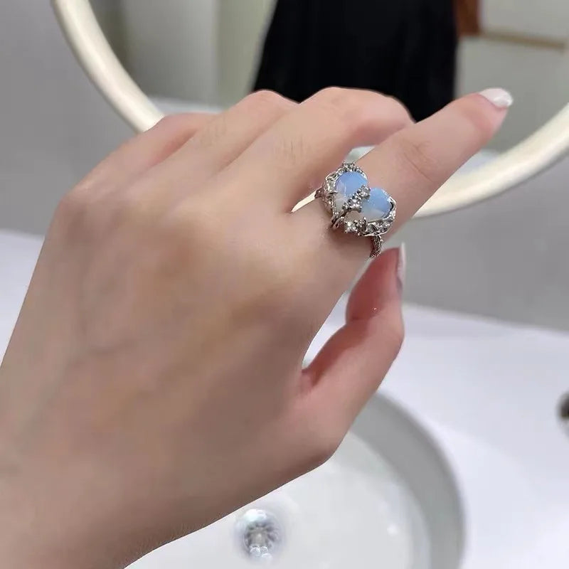 Herz Offene Ringe für Frauen Korea Geometrische Kristall Mondstein Gothic Finger Ring Y2K Zubehör Trendy Ästhetischen Schmuck Geschenk