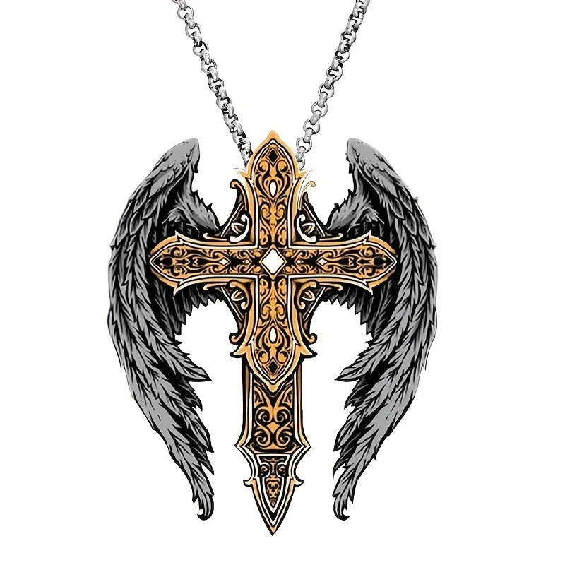 Modische Herren-Halskette mit Kreuzflügel-Anhänger – exquisiter, personalisierter Schmuck im Retro-Design – Edelstahl – perfektes Geschenk