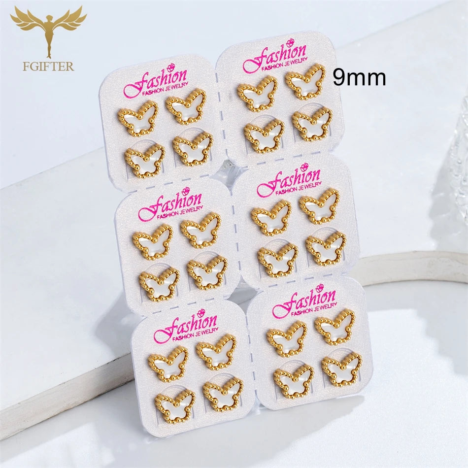 12-Paar-Set weiße Schmetterlings-Ohrringe, goldener Edelstahl, Piercing-Schmuck, elegante Damen-Accessoires, kleine Ohrstecker, Geschenke