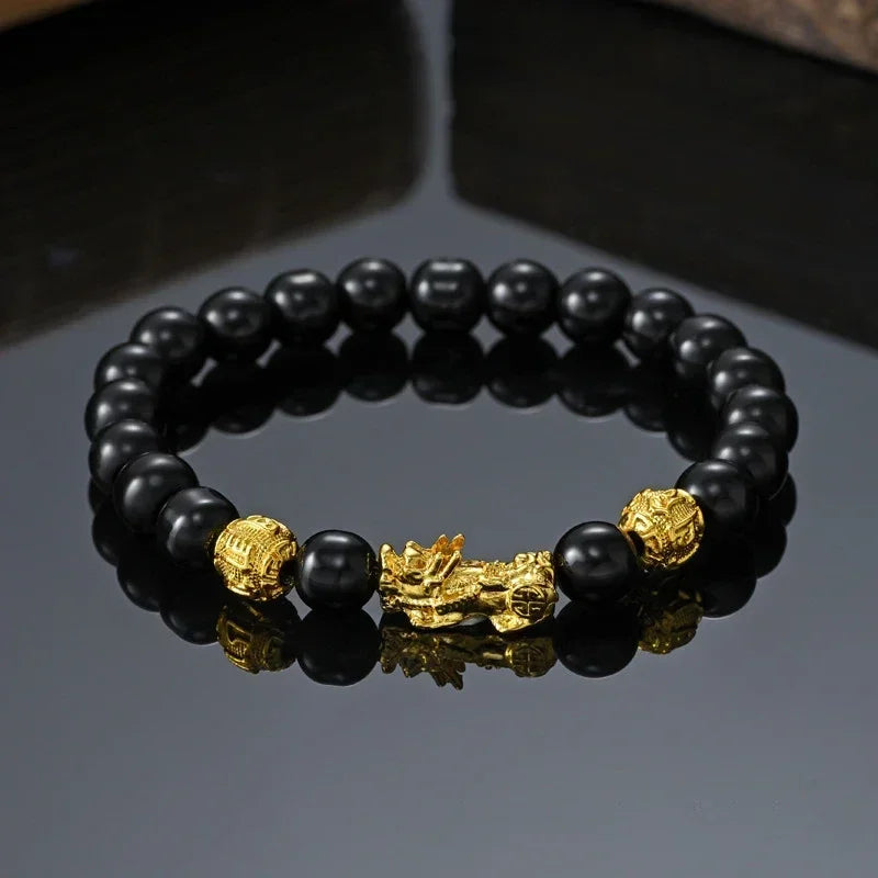 Schwarzes Obsidian-Reichtumsarmband, verstellbar, offiziell für negative Energien, Armband mit goldenem Pi Xiu Lucky, wohlhabendes Amulett-Armband