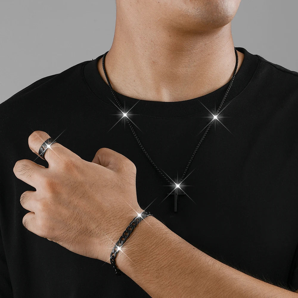 3 teile/satz männer Edelstahl Metall Kreuz Anhänger Kette Halskette Armband Ring Schmuck-Set Männlichen Hip Hop Täglichen Verschleiß zubehör