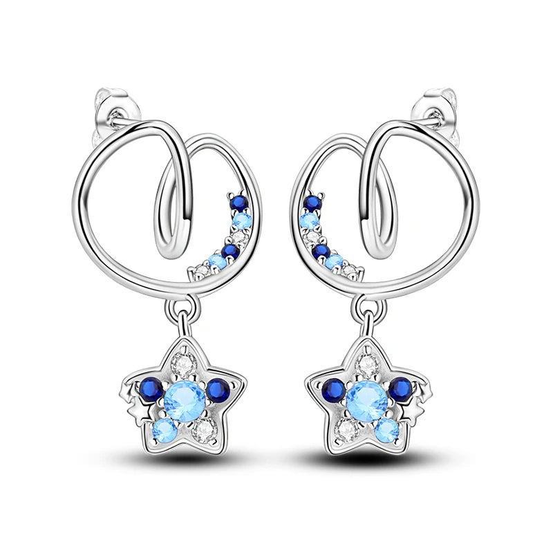 Heißer Verkauf Mode 925 Silber Farbe Ohrringe Blau Zirkon Sterne Mond Unregelmäßigkeit Ohrringe Für Frau Feine Geburtstag Schmuck Geschenke