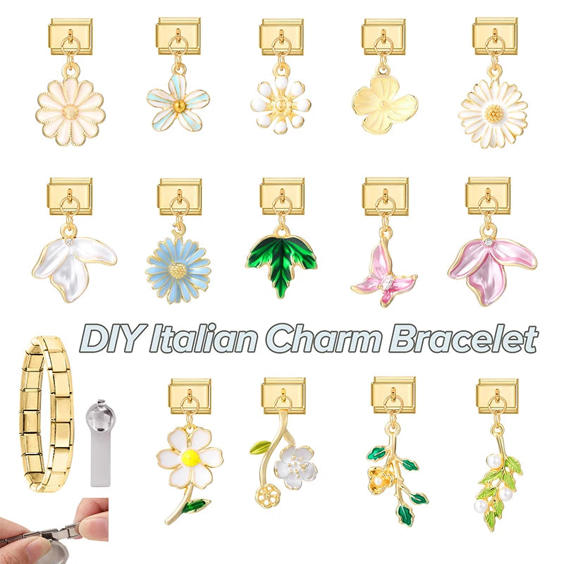 Neue Gold Farbe Blumen Blätter Vintage Anhänger Italienischen Charme Link Fit 9MM Edelstahl Armband Männer Frauen DIY Machen geschenke