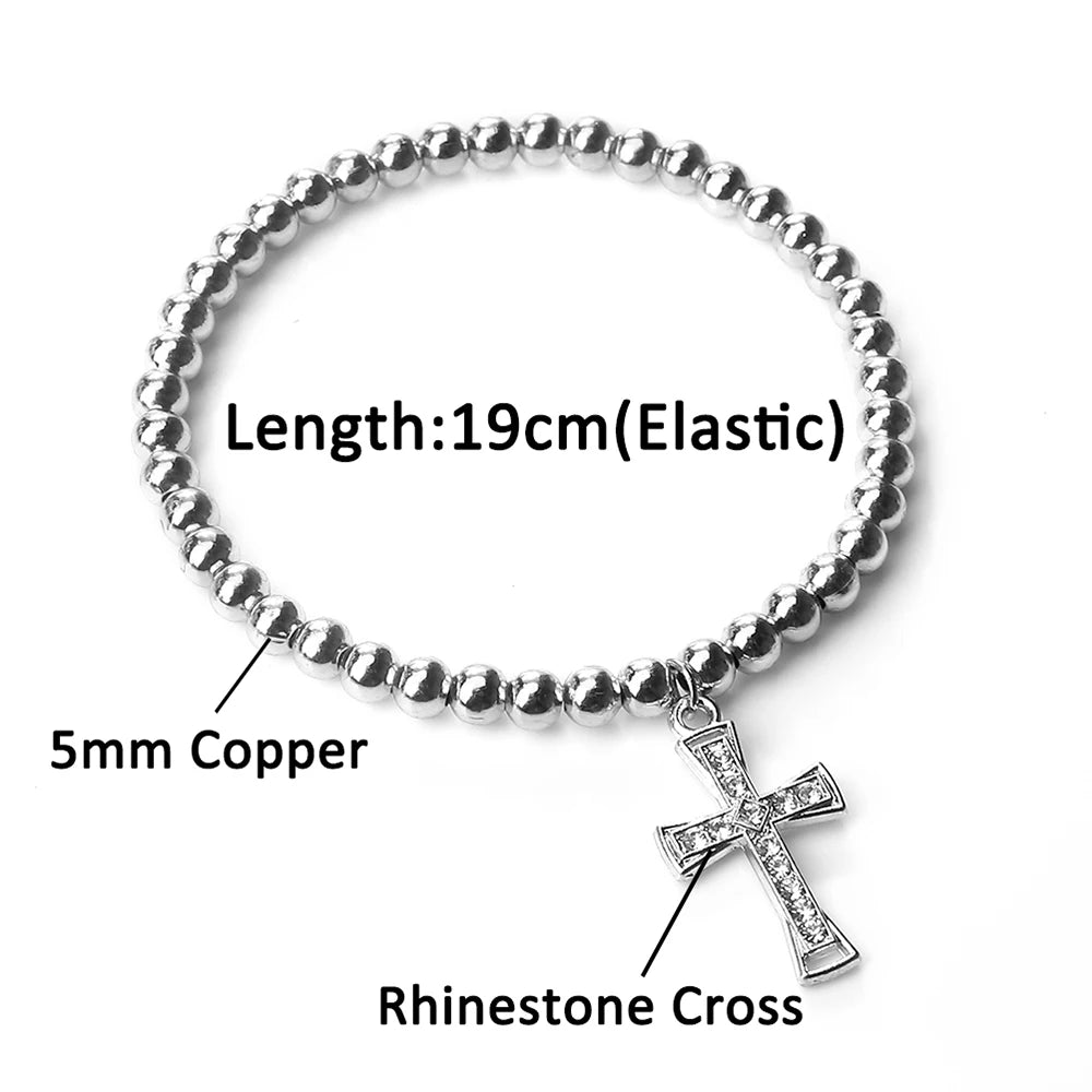 5mm Gold Silber Farbe Kupfer Perlenarmband Elastisches Seil Armband mit Kreuz Strass Anhänger Charm Schmuck Geschenk für Frauen Männer