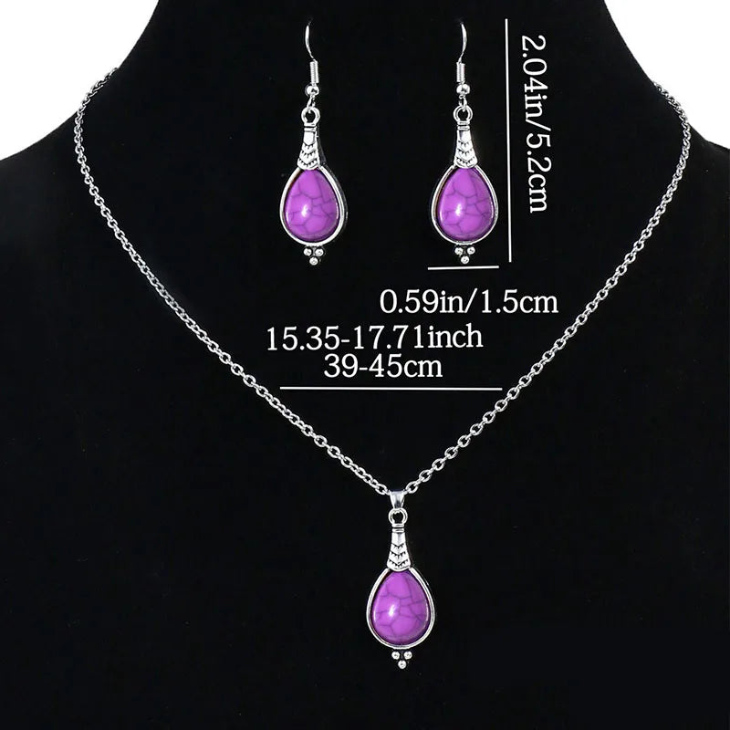 Böhmisches lila quadratisches Wassertropfen-Ohrring-Halsketten-Set für Frauen, europäische und amerikanische Mode, Temperament, Vintage-Schmuck