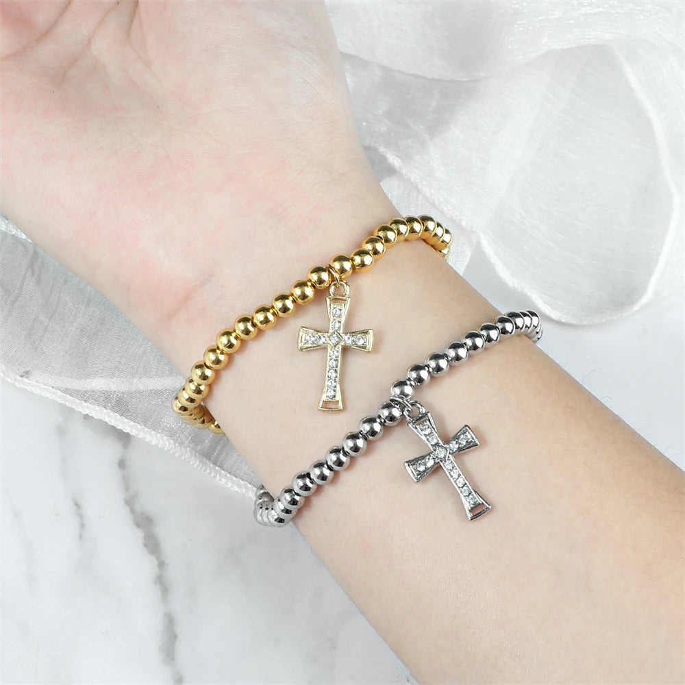 5mm Gold Silber Farbe Kupfer Perlenarmband Elastisches Seil Armband mit Kreuz Strass Anhänger Charm Schmuck Geschenk für Frauen Männer
