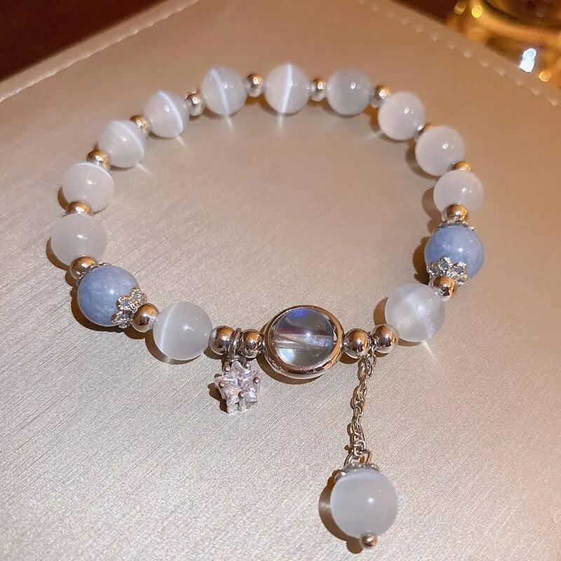 Blau Lila Farbe Opal Stein Armband Für Frauen Mädchen Glänzende Kristall Armbänder Mond Sterne Anhänger Armreifen Armband Schmuck