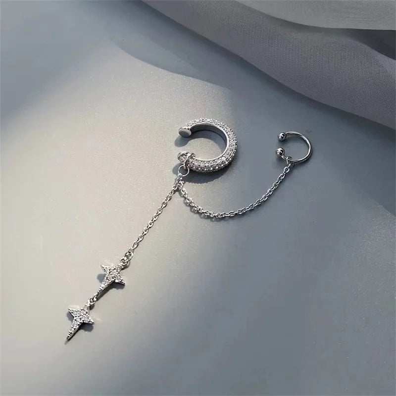 Shiny Kreuz Stern Silber Farbe Kristall Quaste Manschette Ohr Clip Ohrring Für Frauen Strass Gefälschte Knorpel Piercing Ohrring Schmuck
