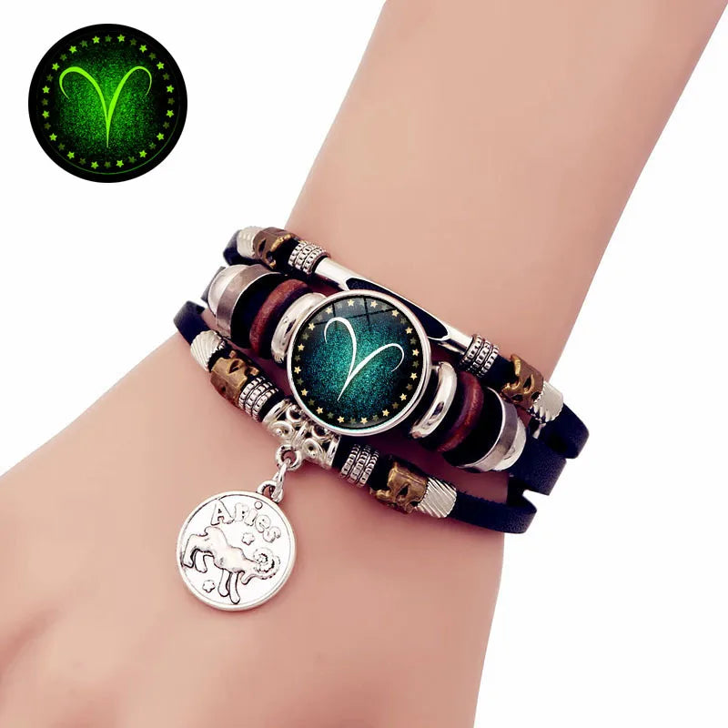Sternenhimmel Sternzeichen Leuchtendes Lederarmband Mehrschichtiges Perlenleder Herren Schnappverschluss Damen Armband Freundschaftsarmbänder