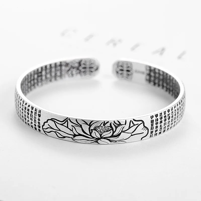 Vintage Silber Sterling Silber Armband großes Mitgefühl Mantra Lotus Herz Sutra Sutra Glück Armband Männer Frauen Schmuck