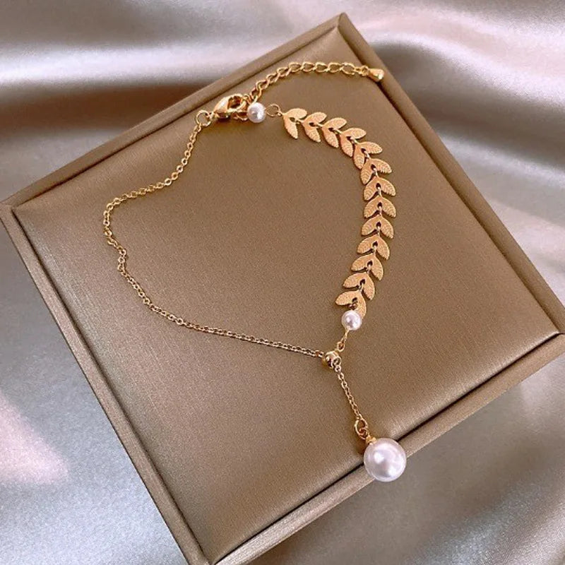 JWER Einfache Weizen Ohr Perle Armband Halskette Ohrringe Schmuck-Set für Frauen Temperament Glück Gold Farbe Armband Charme Schmuck