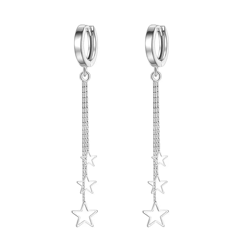 Elegante, beliebte Drei-Sterne-Creolen für Damen, 925er-Sterlingsilber, Party-Schmuck, wunderschöner langer Quasten-Ohrring, elegant