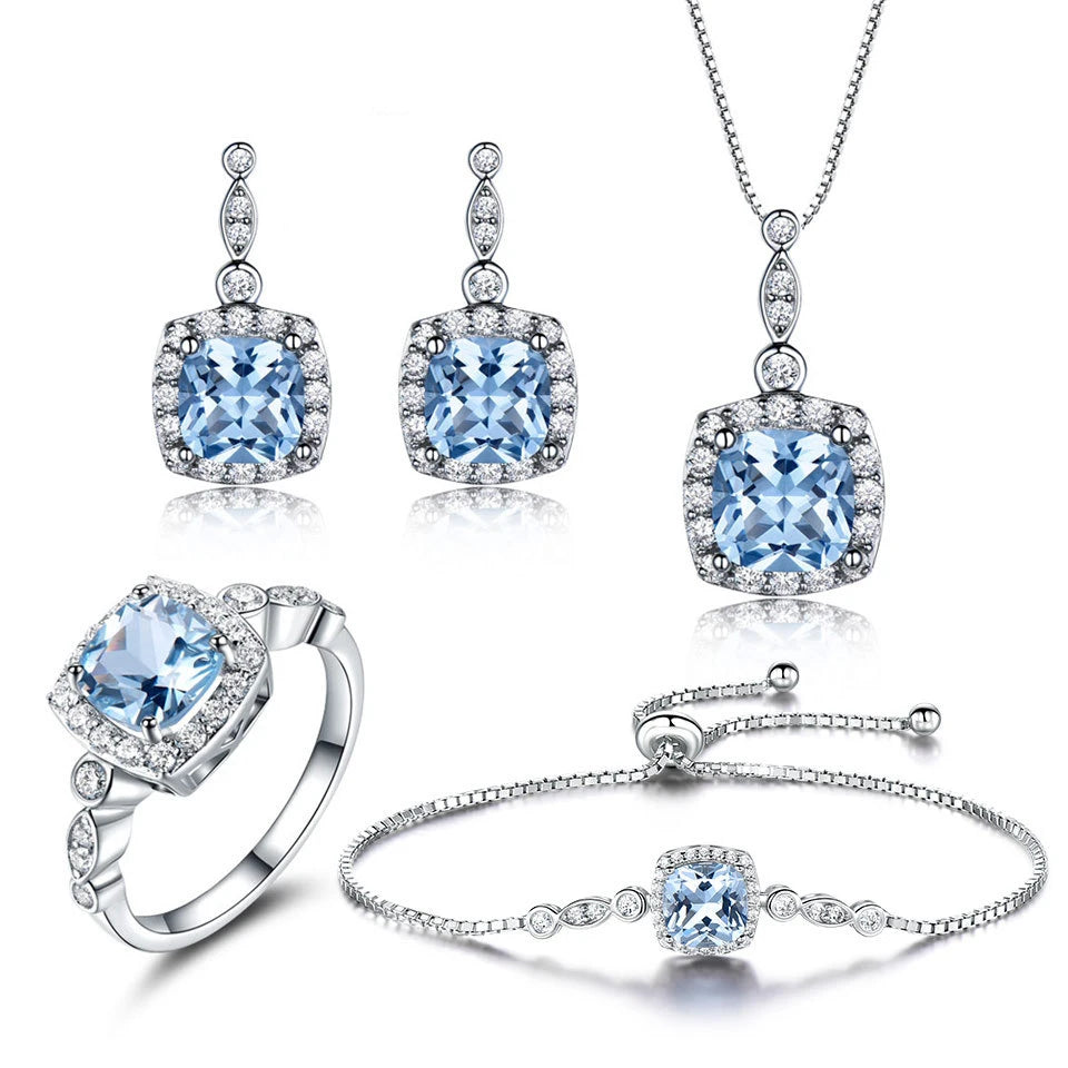 TBCYD Blau Topas Mode Schmuck Set Für Frauen S925 Sterling Silber Diamant Ring Ohrring Armband Halskette Partei Edlen Schmuck