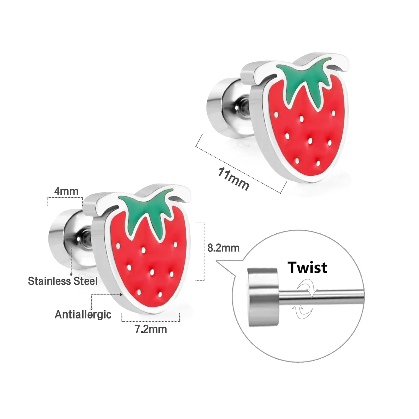 LUXUKISSKIDS Ohrstecker aus chirurgischem Stahl für Mädchen/Frauen, Erdbeere, Regenbogen, niedliches romantisches Piercing, winziger Schmuck mit hypoallergenkeit