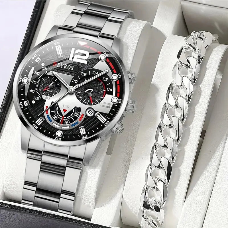2 stücke Luxus Herren Silber Quarzuhr Mit Edelstahl Armband Männer Mode Business Casual Uhr Leuchtende Uhr