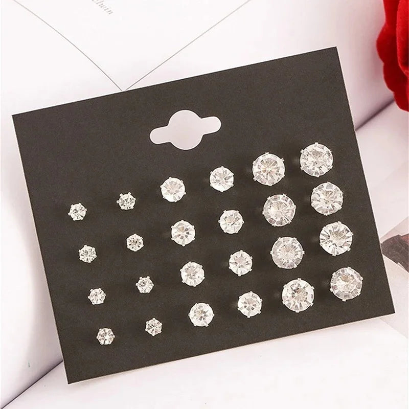 Neues 12-Paar/Packung weiß glänzendes Hochzeits-Ohrstecker-Set für Damen und Herren, Kristall-Ohrringe, Schmuck, Accessoires, Geschenke