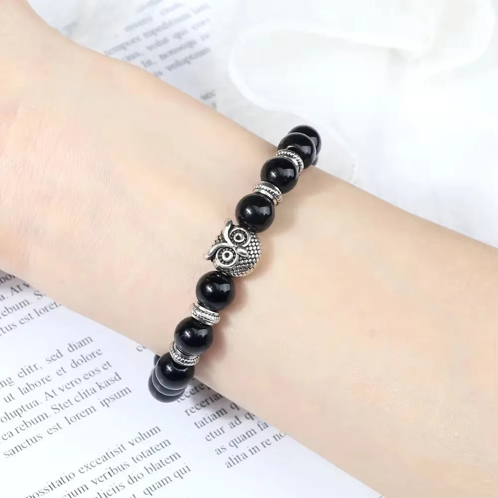 Natürliche Stein Perlen Eule Armbänder Malachit Rock Lava Armreifen Charme Strang Elastische Energie Yoga Buddha Schmuck Für Frauen Männer