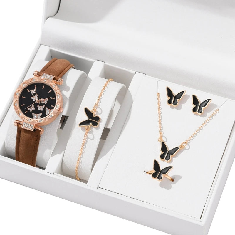 Schmetterlings schmuck Set (ohne Box) Frauen Uhren weibliche Leder Uhren ringe Halskette Ohrringe Armband Hochzeits geschenk