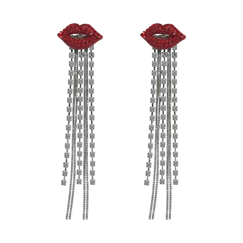Trend ige glänzende Kristall Quaste rote Lippen baumeln Ohrring Strass rote Mund kette lange Quaste Ohrringe für Frauen