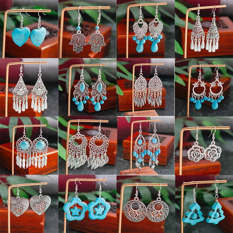 Böhmische Legierung Blume Herz Tropfen Ohrringe für Frauen Türkis Stein Quaste baumeln Ohrringe Mädchen Weihnachts geschenke