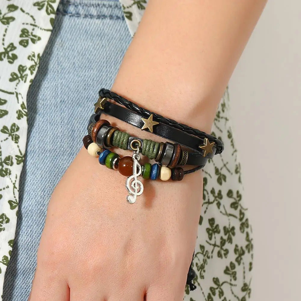High-end-Männer Und Frauen Perlen Leder Armband Vintage Armband Armband Armband Stern Note Armband Musical Einstellbar Multi F9J3