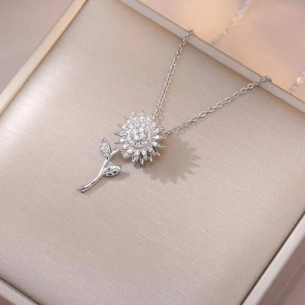 Trend ige Rotation Spin Sonnenblume Edelstahl Zirkon Halsketten für Frauen Metall Kristall Halskette Party Geburtstags geschenke Schmuck