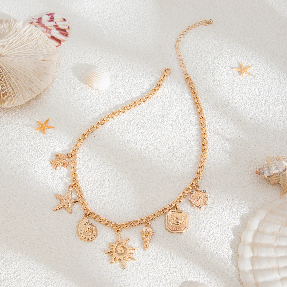 Salircon Sonne Seestern Jakobsmuschel Anhänger Halskette für Frauen Vintage Conch Sommer Strand Feiertage Gold Farbe Kette Schmuck Geschenk