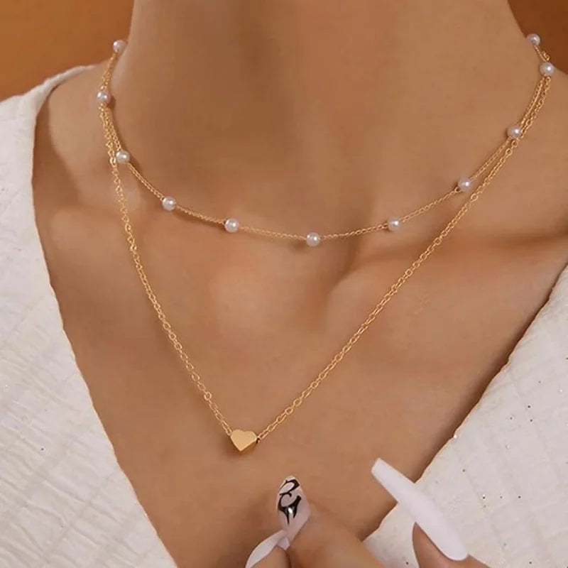 MEDFOLY 4-teiliges Charm-Armband und Halsketten-Set für Damen, 14 Karat vergoldet, Herz-Perlen-Anhänger, Halskette, Sommer, Strand, Schmuck, Geschenke