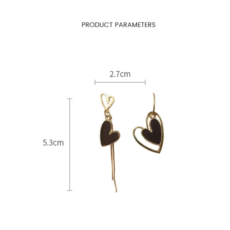 Schwarze Herz-Ohrringe für Frauen, goldfarben, lange Quaste, Metall, asymmetrische Ohrringe, übertriebene Tropfen-Ohrringe, Party, Hochzeit, Schmuck
